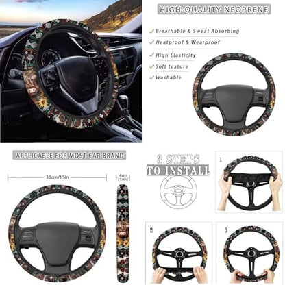Wanyint Aztec Highland Cow 14-Pack Car Seat Cover Set, Including Steering Wheel, Auto Seatbelt Pads, Cup Coasters, Trash Can, Rear View Mirror Cover, Armrest, Gear Shift Knob - color: Aztec Highland Cow Sunflower