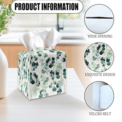 Tissue Box Cover Holder - Eucalyptus Leaves PU Leather Tissue Box Cover with Bottom Belt, Square Facial Paper Organizer for Tabletop, Bathroom, Kitchen, Car & Office -044 - color: Eucalyptus Leaves