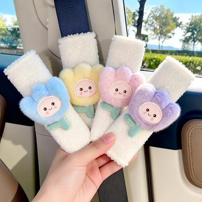 4 PCS Seat Belt Cover Pad, Cute Flower Floral Seatbelt Covers, Winter Plush Fluffy Soft Seatbelt Cushion, Car Seat Strap Pads (4 Colors)