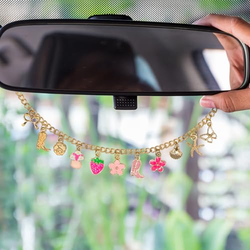 Strawberry & Flower Seashell Butterfly Rear View Mirror Charm – Cute Boho Car Hanging Decor with Bow, Lucky Mushroom & Cowboy Boot, Car Accessories for Women, Gift for Drivers