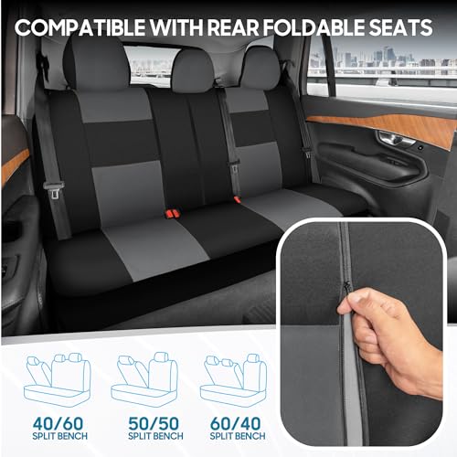 BDK PolyPro Car Seat Covers Full Set in Gray on Black, Front and Rear Split Bench Seat Covers for Cars, Easy to Install Car Seats Cover Set and Accessories for Auto Trucks Van SUV - Gray - color: Gray