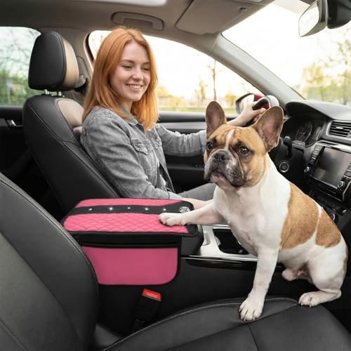 Bling Crown Car Center Console Cover, Crystal Leather Auto Armrest Box Cushion with 2 Storage Bags, Universal Crown Middle Console Cover Arm Rest Protector for Most Vehicles (Pink) - color: Pink