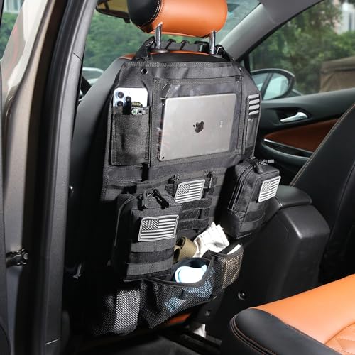 Tactical Car Seat Back Organizer Set Upgraded Tactical Molle Seatback Cover Protector Universal Fit Vehicles Truck MPV Pickup (Black with 2 Pouches)