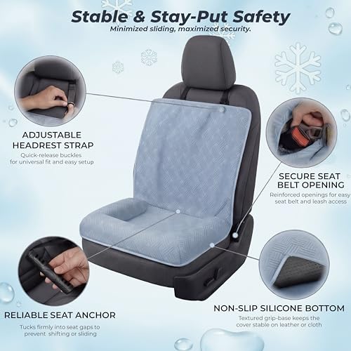 Premium Cooling Dog Car Seat Mat for Small & Medium Dogs, Breathable Puppy Car Seat for Front & Back Seat Travel, Cool-to-Touch Washable Pet Travel Lounge Mat with Supportive Bolster