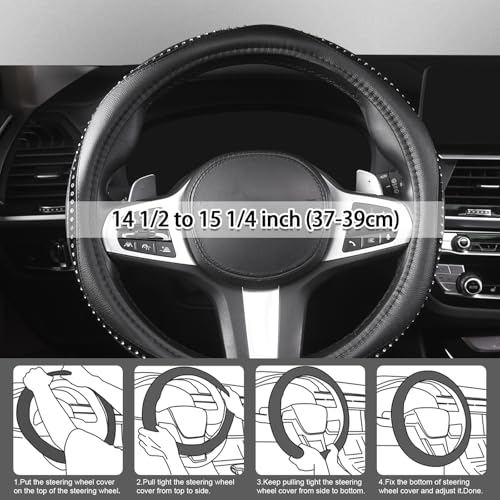 Bling Steering Wheel Cover - Crystal Studded Rhinestone Non-Slip Breathable Design for Women/Girls, Universal Fit 14.5-15 Inch Black