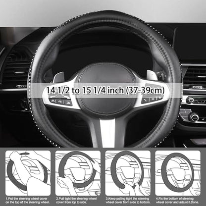 Bling Steering Wheel Cover - Crystal Studded Rhinestone Non-Slip Breathable Design for Women/Girls, Universal Fit 14.5-15 Inch Black