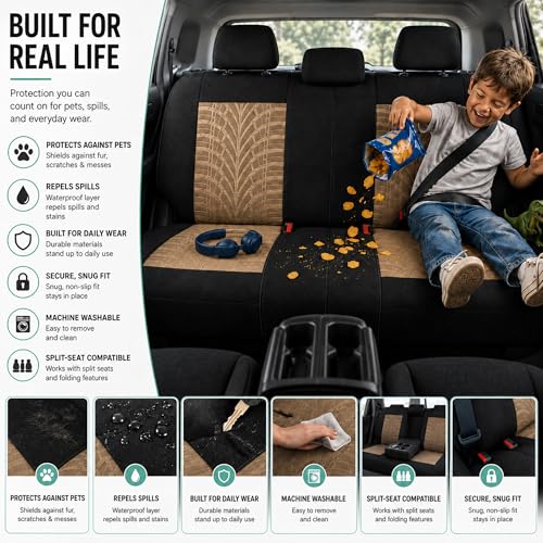 FH Group Car Seat Covers Full Set Premium Cloth - Universal Fit, Automotive, Low Back Front Washable Seat Covers, Airbag Compatible, Split Bench Rear Seat for SUV, Sedan Beige - color: Beige, style: Full Set