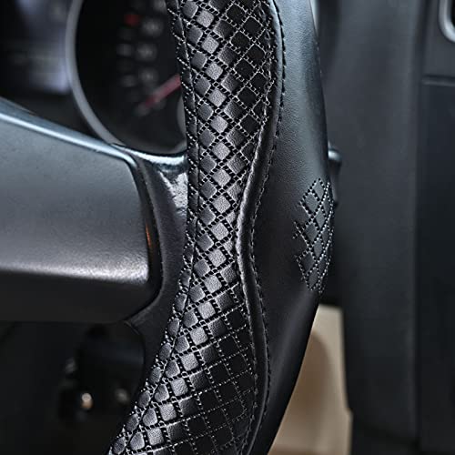 Heavy Duty Pure Cowhide Steering Wheel Cover, Black Genuine Leather Steering Wheel Cover Men Women Universal 14.5 to 15 Inch - color: black-3