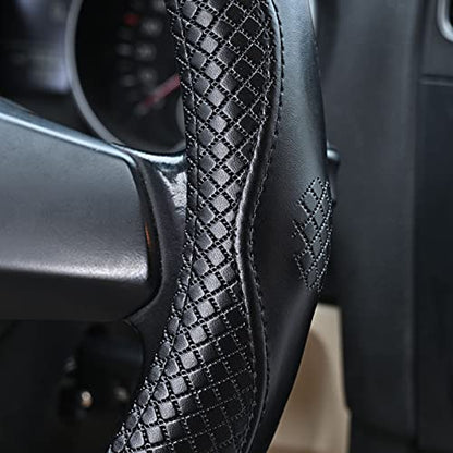 Heavy Duty Pure Cowhide Steering Wheel Cover, Black Genuine Leather Steering Wheel Cover Men Women Universal 14.5 to 15 Inch - color: black-3