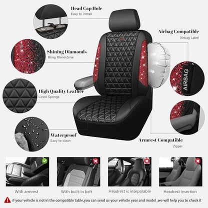 CAR PASS Bling Diamond Black Red Leather Car Seat Covers Full Set, Waterproof Shining Glitter Sparkly Crystal Universal Armrest Fit Automotive Truck SUV Women Girl, Rhinestone Interior Cover Set, Red - color: Red Rhinestone, size: Full Set