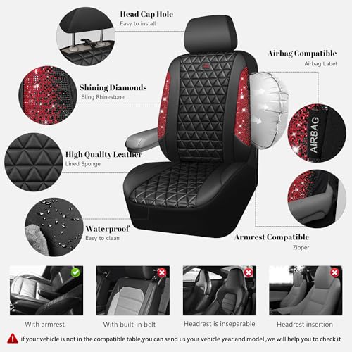 CAR PASS Bling Diamond Black Red Leather Car Seat Covers Full Set, Waterproof Shining Glitter Sparkly Crystal Universal Armrest Fit Automotive Truck SUV Women Girl, Rhinestone Interior Cover Set, Red - color: Red Rhinestone, size: Full Set