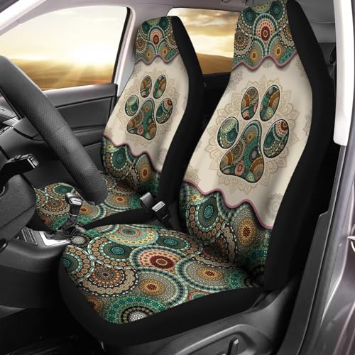 Howilath Boho Mandala Floral Dog Paw Car Seat Cover for Women Men, Universal Fit 2 Piece Stretchy Breathable Bucket Vehicles Seat Cover Front Seats for SUV Van Sedan - color: Boho Mandala Floral Dog Paw