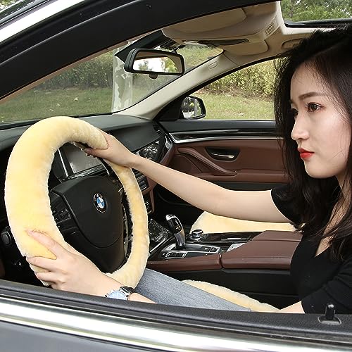 Plush Fuzzy Fluffy Wool Sheepskin Car Steering Wheel Cover for Girls Women Cozy Universal Soft Car Auto 14 1/2-15 1/2inchs (Golden Yellow) - color: Golden Yellow