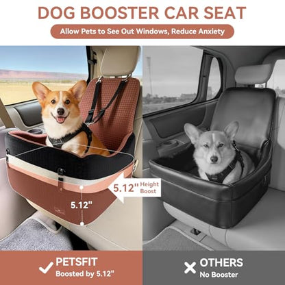 PETSFIT Dog Car Seat for Small/Medium Dogs Up to 35 lbs – Patented Safety System, 5" Memory Foam Pet Booster Car Seat, Fully Detachable and Washable Dog Carseat with 2 Storage Pockets (Black/Brown) - color: Black/Brown