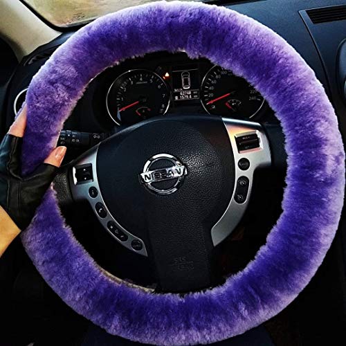 Genuine Fuzzy Wool Sheepskin Fur car Steering Wheel Cover for Adults Girls Women Men,Protector for Universal Steering Wheel 35CM-41CM, Anti-Slip,Comfort Luxurious, Gift for Women (Light Purple) - color: Light Purple