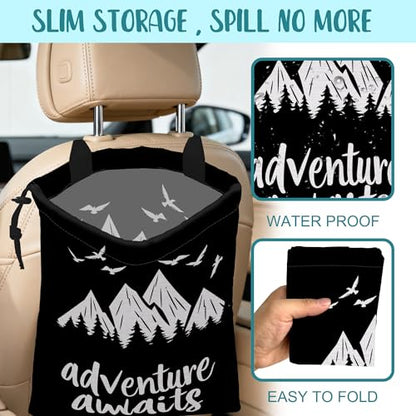 Adventure Awaits Car Garbage Bag Mountain and Bird Hanging Canvas Car Trash Bag Drawstring Car Back Seat Organizer for Car Back Front Seat Console with Adjustable Buckle - color: Adventure Awaits