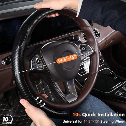 Aimato Carbon Fiber Steering Wheel Cover 2 Piece Non-Slip Clip on Steering Wheel Cover,Ultra-Thin Breathable,Universal Fit 14.5"-15" Wheel,Matte Black