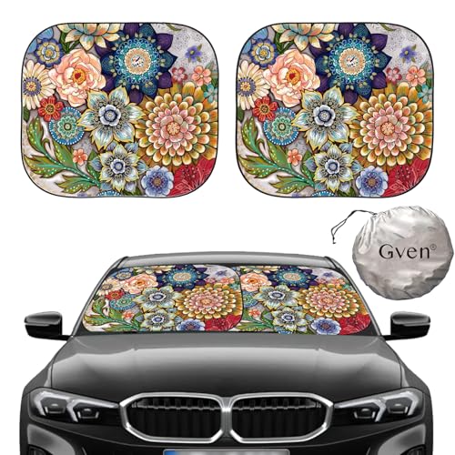 Gven Windshield Sun Shade for Car 2-Piece Foldable Sunshade for Front Windows, Blocks UV Rays, Automotive Interior Sun Protection Car Summer Accessories（Floral,S） - color: Florals, size: Standard