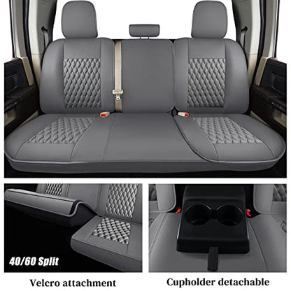 Coverado Ram Car Seat Covers Fullset, Leather Gray Car Seat Covers for Dodge RAM 1500 Compatible with 2010-2023 2500 3500 Crew/Mega Cab - color: Gray, size: Curved Front&Flat Rear