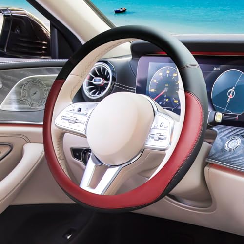 Wine Red Car Steering Wheel Cover, Nappa Leather, Bottom Color Blocking, Universal 14.5-15 Inch Leather Anti-Slip Breathable Auto Steering Wheel Covers for Men Women - color: Wine Red