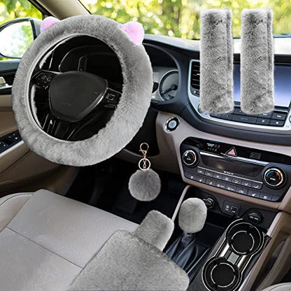 9 Pack Cute Bear Fluffy Steering Wheel Cover with Furry Gear Cover,Handbrake Cover,Seat Belt Pad,Armrest Pad,Bling Car Coaster and Fur Key Chain for Women Girls (Gray) - color: Gray