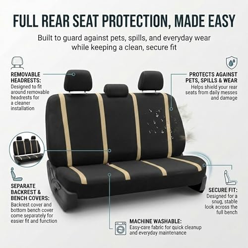 FH Group Car Seat Covers Unique Flat Cloth Full Set Automotive Seat Covers Front Set and Rear Solid Bench Beige Black Seat Covers w. Gift Universal Fit Interior Accessories for Cars Trucks and SUVs - color: Beige