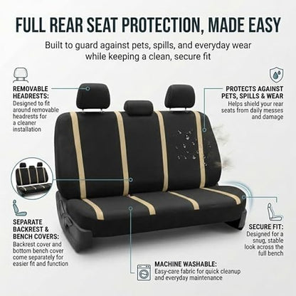 FH Group Car Seat Covers Unique Flat Cloth Full Set Automotive Seat Covers Front Set and Rear Solid Bench Beige Black Seat Covers w. Gift Universal Fit Interior Accessories for Cars Trucks and SUVs - color: Beige
