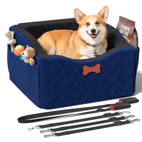 Dog Car Seat for Small Medium Dogs, 6" Elevated Dog Booster Seat with ISOFIX Safety Fixation, Washable Cover & High Density Memory Foam, Portable for Car Front/Rear/Trunk Home Outdoor Use (Navy Blue) - color: Navy Blue, size: Small