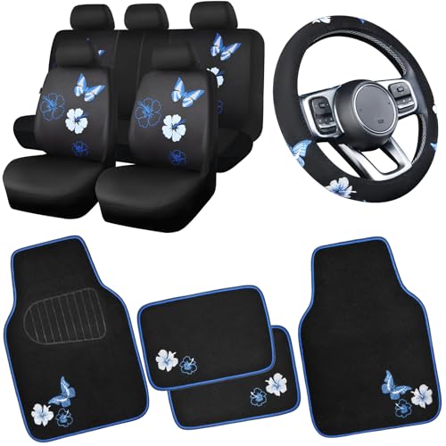 CAR PASS Blue Butterfly Car Seat Covers Full Set, Embroidered Flower Waterproof Car Floor Mats Carpet, Butterflies Steering Wheel Cover for Universal Car Accessories Interior Sets (Black and Blue) - color: Black and Blue