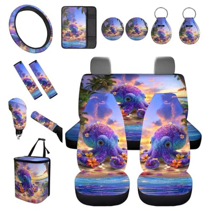 Forchrinse Hawaiian Octopus Car Seat Cover for Men Women 15Pack Auto Interior Set with Steering Wheel Cover/Armrest Cushion/Seatbelt Cover/Car Coaster/Keychain/Handbrake Gear Shift Cover - color: Hawaiian Octopus Print