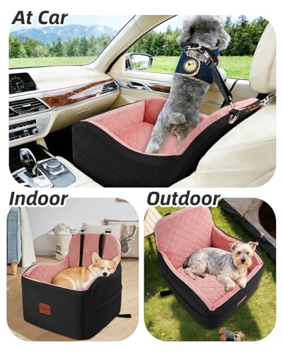 Lealchum Dog Booster Car Seat for Small/Medium Dogs,Puppy Portable Car Bed with Elevated Cushion,Fully Detachable and Washable,2 Storage Pockets,Easy to Install (Black/Pink, Medium) - color: Black/Pink