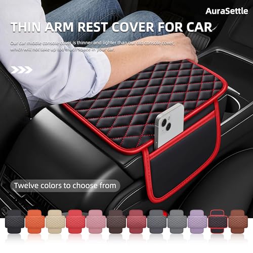 Waterproof Leather Car Center Console Pad with 2 Storage Bags, Auto Armrest Box Cover Protector, Comfortable Interior Accessories for Most Household Cars, Sedans & SUV (Black Red Stitch)