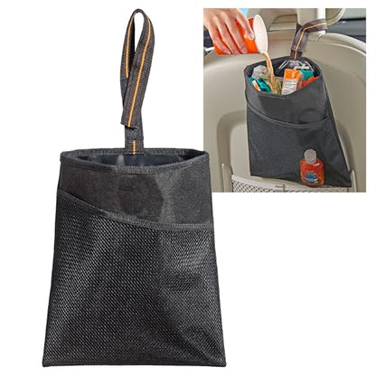 High Road Small Hanging Car Trash Bag with Waterproof Liner, Storage Pocket and Adjustable Strap - Hangs from Handles or Headrest Posts Without Taking Up Legroom - color: Black