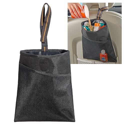 High Road Small Hanging Car Trash Bag with Waterproof Liner, Storage Pocket and Adjustable Strap - Hangs from Handles or Headrest Posts Without Taking Up Legroom - color: Black