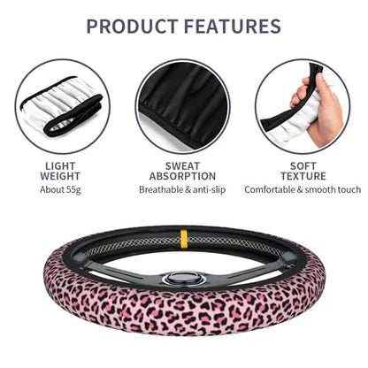 Pink Leopard Print Steering Wheel Cover Pink Cheetah Steering Wheel Car Cup Holder Pad 2 Pack 15 Inch Steering Wheel Cover Women Men Anti Slip Breathable Wheel Cover Protector - color: Pink leopard print