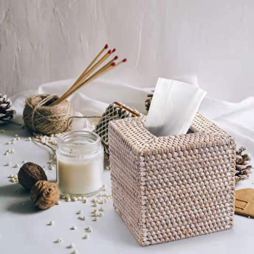2 Pack Rattan Tissue Box Cover Square, Hand Woven Wicker Tissue Holder, 5.5 x 5.5 X 5.7 inch, Whitewash - color: Whitewash, size: Square (5.7"H) (Set of 2)