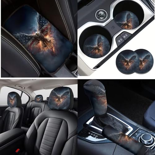 16 Piece Car Interior Cover, Eagle Printed Soft Stretch Front and Back Seat Covers for Cars, Steering Wheel Covers Arm Rest Pads Headrest Cover Seat Belt Pads Coaster Lipstick Holder Keychain - color: Blue and Yellow - Eagle