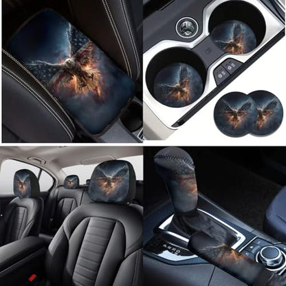 16 Piece Car Interior Cover, Eagle Printed Soft Stretch Front and Back Seat Covers for Cars, Steering Wheel Covers Arm Rest Pads Headrest Cover Seat Belt Pads Coaster Lipstick Holder Keychain - color: Blue and Yellow - Eagle