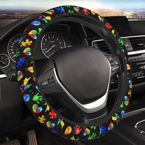 Autism Awareness Steering Wheel Cover Anti-Slip,Sweat Absorption Universal 15 inch Steering Wheel Covers Cute car Accessories for Men Women - color: Black 2