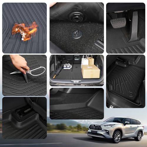 9-Piece Floor Mats & Door Sill Guards for 2020-2026 Toyota Highlander 7-Seater (Not for Grand Highlander), All-Weather TPE 1st-3rd Row Liners, Integrated Cargo & Backrest Mat, Black - size: For Highlander 7seat + Door Sill 9Pcs