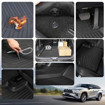 9-Piece Floor Mats & Door Sill Guards for 2020-2026 Toyota Highlander 7-Seater (Not for Grand Highlander), All-Weather TPE 1st-3rd Row Liners, Integrated Cargo & Backrest Mat, Black - size: For Highlander 7seat + Door Sill 9Pcs