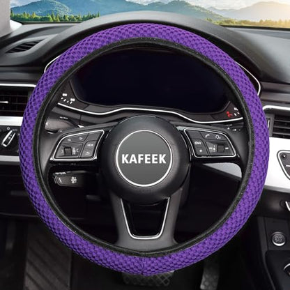 KAFEEK Elastic Stretch Steering Wheel Cover 15 Inch, Breathable Ice Silk Microfiber, Non-Slip Grip, Warm in Winter and Cool in Summer, Odorless, Car Accessories Fit Cars, SUVs, Purple - color: purple
