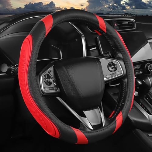 Concave Convex Massage Black Red Microfiber Leather Steering Wheel Cover, 14.5-15 Inch Non-Slip Breathable Microfiber Car Steering Wheel Protector - color: Embossed Massage - Black Red