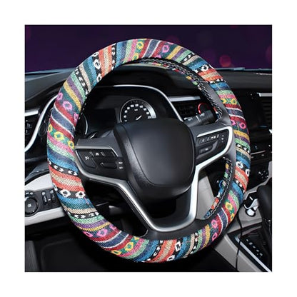 Boho Steering Wheel Cover, 15 Inch Coarse Flax Cloth Ethnic Style Anti-Slip Car Wheel Wrap, Universal Breathable Bohemian Steering Wheel Protector for Cars Vans Trucks (A) - color: A