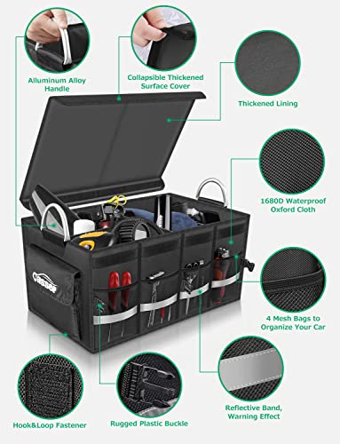 Oasser Trunk Organizer, Large, Black | Waterproof, Collapsible, Foldable Hard Cover, Aluminium Alloy Handle, Reflective Strip - color: Black, size: Large