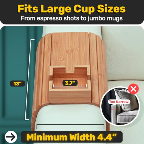 Bamboo Couch Holder - Non-Slip Furniture Protector, Sofa Armrest Table for Mugs & Tumblers – Weighted 16” Large Natural Bamboo Holder for Recliners and Loveseats - color: Natural