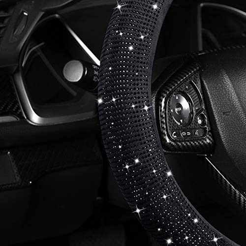 Women Fashion Black Velvet Bling Steering Wheel Cover with Black Diamonds, 15 inch Standard Glitter Rhinestone Car Wheel Cover Sparkling, Full Covered