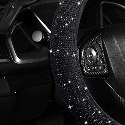 Women Fashion Black Velvet Bling Steering Wheel Cover with Black Diamonds, 15 inch Standard Glitter Rhinestone Car Wheel Cover Sparkling, Full Covered