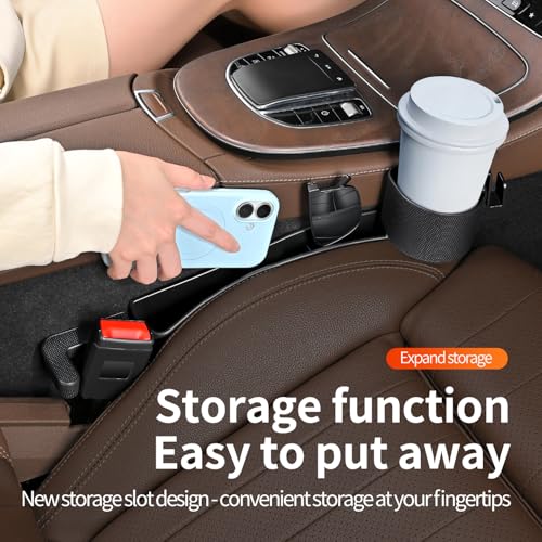 Car Seat Gap Filler Organizer, 2PCS Car Seat Gap Plug with Storage Slot, 3-in-1 Seat Gap Filler with Cup Holder & Hooks, Car Interior Organizer for Sedans SUVs Trucks, Black (2)