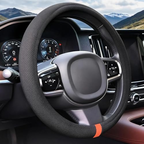 15" Universal Cooling Steering Wheel Cover, Microfiber Non-Slip Breathable Cooling Steering Wheel Protector with Silicone Inner Ring for Round/D Shape, Warm in Winter Cool in Summer, Black Orange - color: Black Orange
